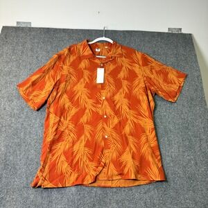 NWT‎ Uniqlo Button Up Shirt Tropical Palm Leaf Print Short Sleeve Orange XL